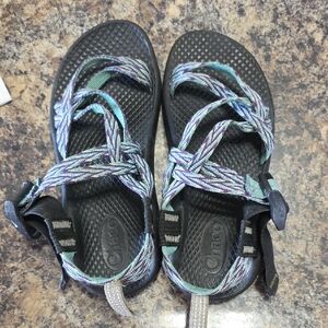 Chaco Black Sandals with Teal, Purple & Light Blue Straps